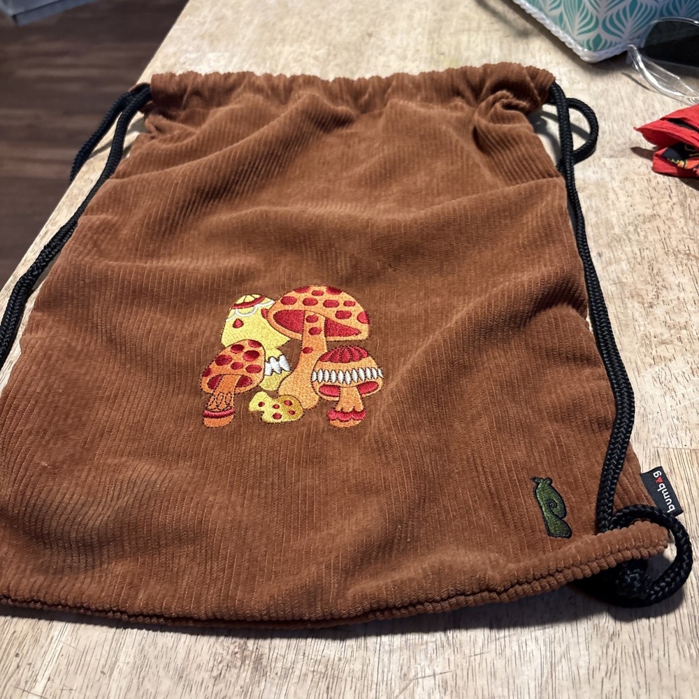 Bumbag Mushroom Corduroy Drawstring Backpack Brown Cinch Bag
